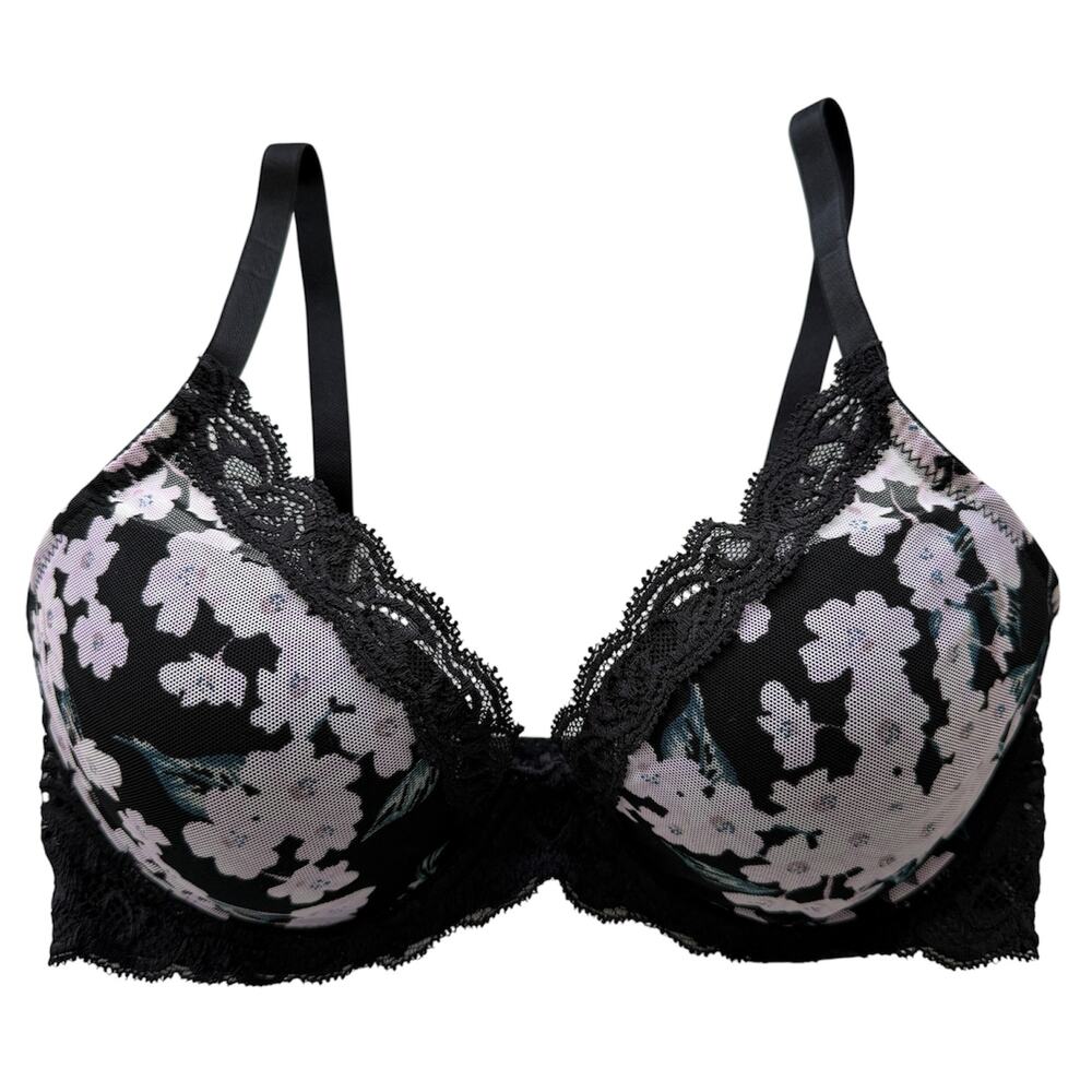 Natori Flora Black Purple Floral Mesh Lace Contour Underwire T-Shirt Bra Sz 34D